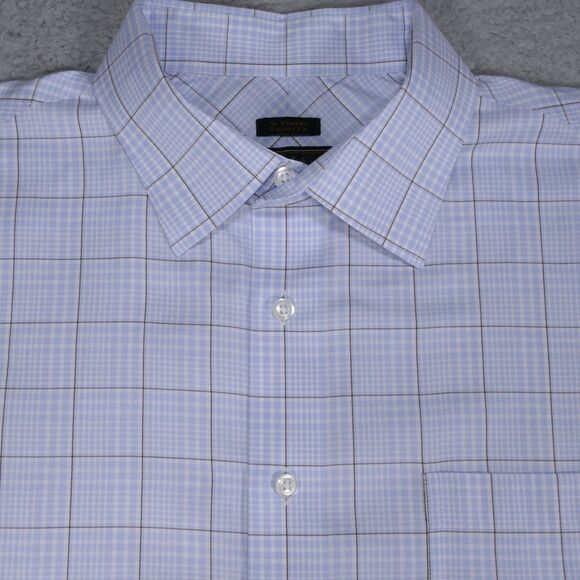 Jos A Bank Reserve Button Up Shirt Men 17 1/2-35 Tailored Blue Brown Long Sleeve - Picture 1 of 14